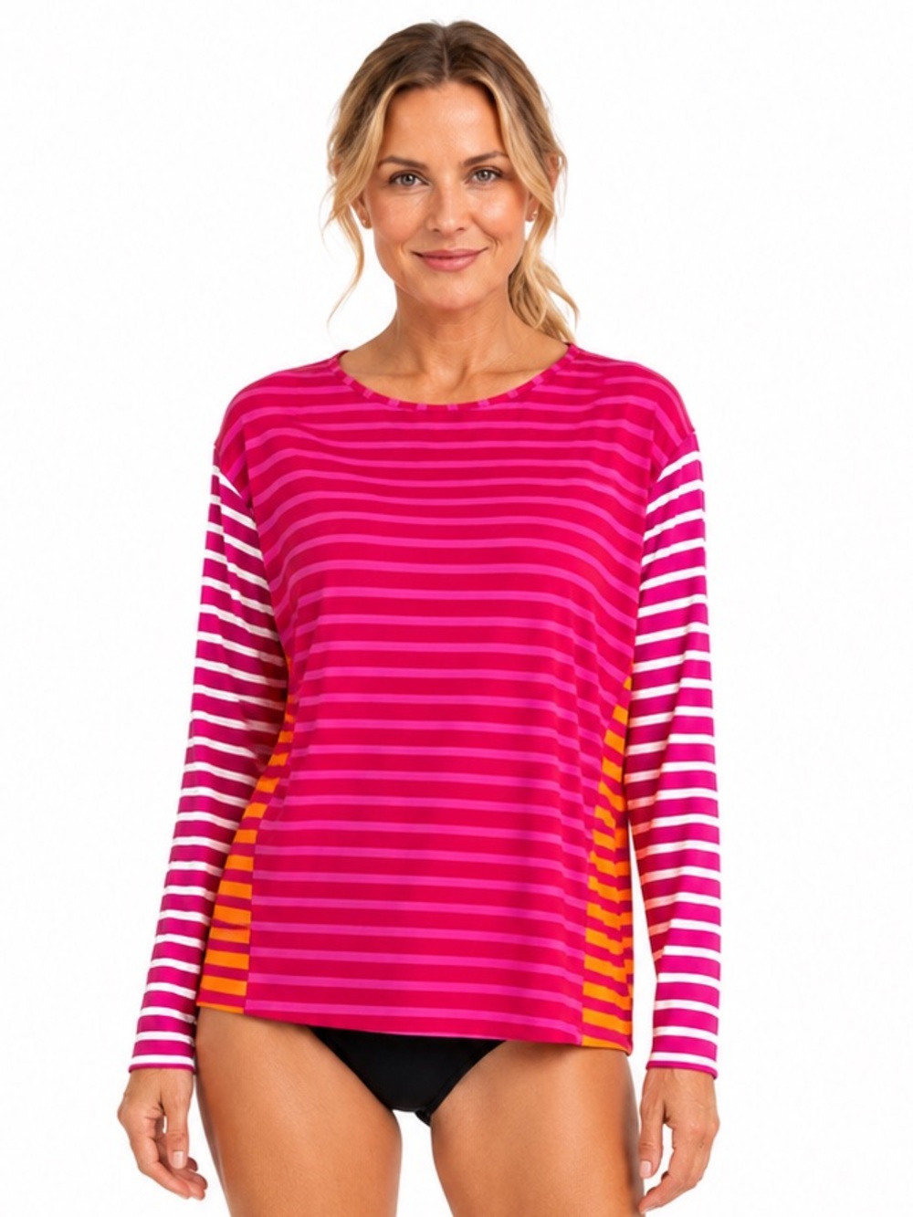 Lands’ End XL 18 UPF 50 Long Sleeve Swim Tee Rash Guard Pink Orange Stripe